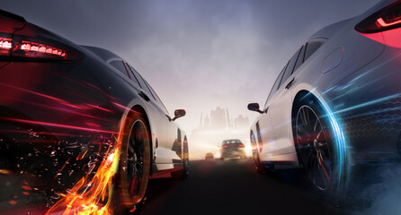 Low angle view of two race cars speeding side by side on dark wet road with dramatic lighting and motion blur effects creating sense of high velocity competition and aggressive racing action