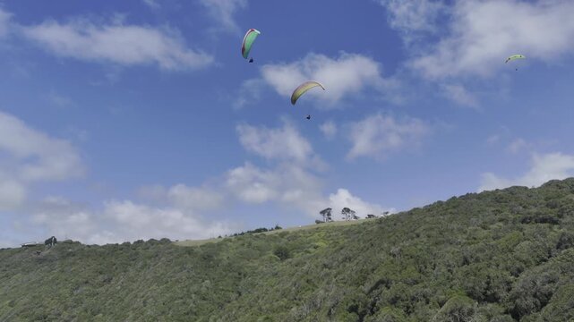 Drone looks up and follows paragliders over forested hill on a sunny day on the Garden Route in Wilderness, South Africa