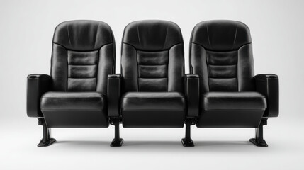 Obraz premium Three black leather armchairs are displayed. These are front row seats in a noir cinema. Each chair has a cupholder, ready for a movie in dark setting