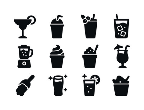 Frozen Drink Icons. Frozen party drinks. Solid icon set of frozen party drinks: frozen margarita, slush cup, blended berry drink, frozen lemonade, ice blender,