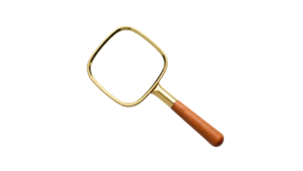Isolated golden magnifying glass with wooden handle for inspection or investigation work