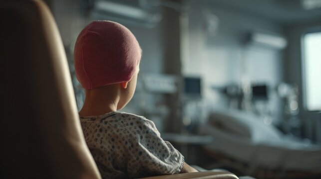A young child wearing a pink head covering sits in a hospital room looking out a window. The child appears to be receiving treatment for leukemia or another type of cancer