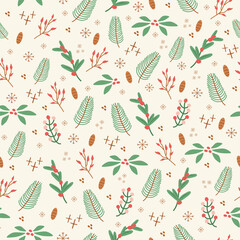 seamless pattern, cute illustration.  tree, branch, poinsettia, snow, simple  design. hand drawn doodles are isolated on a pink background. A trend for print, paper. vector art illustration