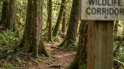 Deer standing on a forest path, looking at the camera amidst mossy trees. Lush woodland habitat with a blurred wildlife corridor sign. World Wildlife Day