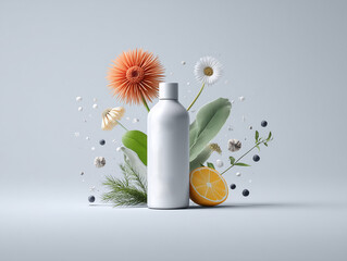 Silver bottle surrounded by flowers and citrus fruits on grey background  