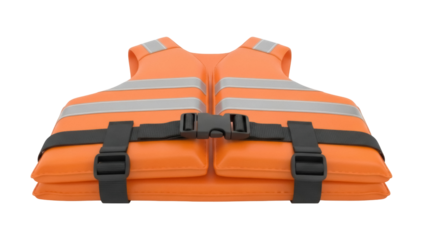 Isolated orange life jacket with gray reflective strips for safety on a boat or near water