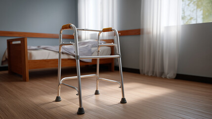 Modern medical walker in a serene patient room with natural light and soft furnishings highlighting recovery and rehabilitation efforts