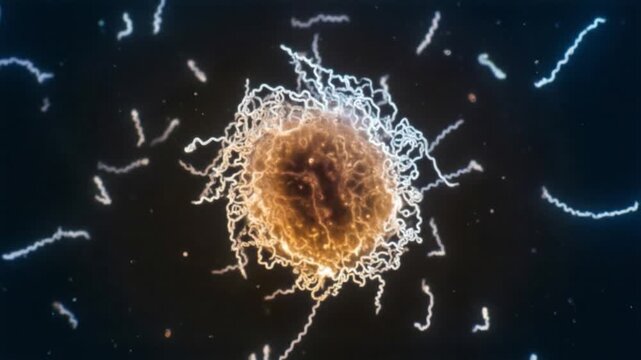 Lyme disease spirochetes floating in a liquid. Microscopic photo of a spirochete of Lyme disease bacteri. Lyme disease bacteria gather in one place in colonies surrounded by a biofilm.