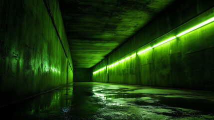 濡れた床に緑のネオンが反射するサイバーパンク風の地下通路