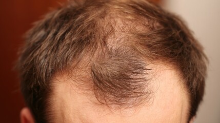 Obraz premium Close up shows a man's head with thinning hair, revealing his scalp. Some strands are lighter in color than others. It is daytime and he is inside his house