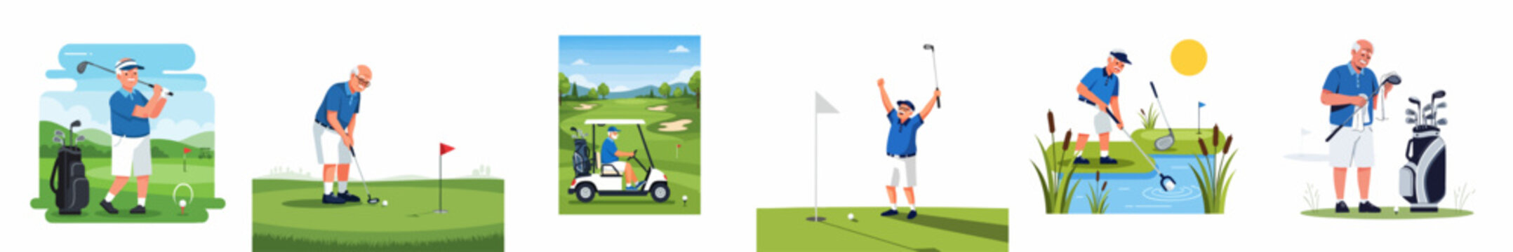 Set of vector illustrations depicting a smiling senior man enjoying various activities during a game of golf on a scenic course.