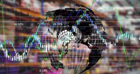 Animation of globe and financial data over warehouse - Powered by Adobe