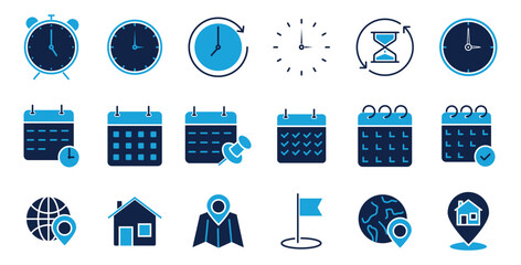 Date, Time, location, address icon set. Location, desk Calendar, Clock vector, earth silhouette design for app, logo, UI, UX and website. Vector illustration.