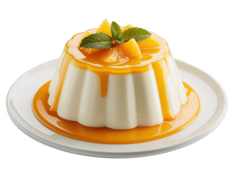 Mango panna cotta dessert on a white plate isolated on a transparent background
