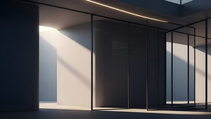 Modern Minimalist Interior with Sunlight Streaming Through Glass Walls in Large White Empty Room