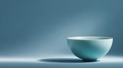 A light blue, empty ceramic bowl sits on a matching surface. The background is the same light blue. Simple lighting creates a calming atmosphere
