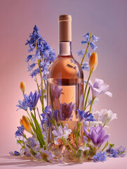 Wine bottle surrounded by colorful spring flowers on pastel background  
