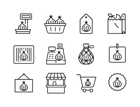 Market Icon Set. Onion. Line icon set of market & grocery: scale counter, produce basket, onion price tag, paper grocery bag, barcode square, checkout icon,