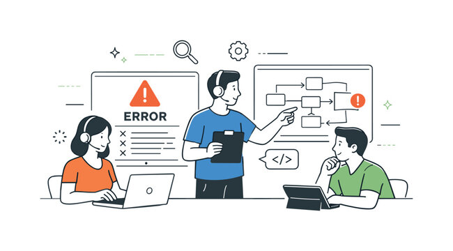 Team Troubleshooting. IT support team troubleshooting. Support specialists reviewing error messages and diagrams on screens, focused problem solving in