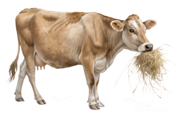 Ultra realistic cow eating hay, full body or medium shot, natural calm posture, cow chewing dry hay, realistic fur and skin texture, natural proportions, soft studio lighting, neutral expression, agri