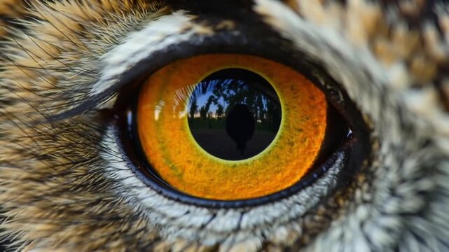 detailed macro close-up of an owl's eye, reflective surface showing dense forest moving leaves, sunlight filtering tiny insects birds visible reflection blinking motion, cinematic 4K HD eye lens flare
