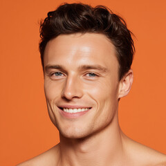 Smiling young man with short brown hair on orange background  