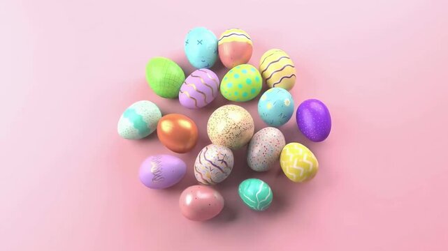 Top-down video of colorful Easter eggs on a pastel pink background, vibrant and festive. Live desktop wallpaper.
