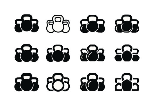 Kettlebell Icon Variations. Group fitness. Icon set. Set Logo of group fitness: kettlebell trio. harmonious logo variations: Negative space, Minimal outline,