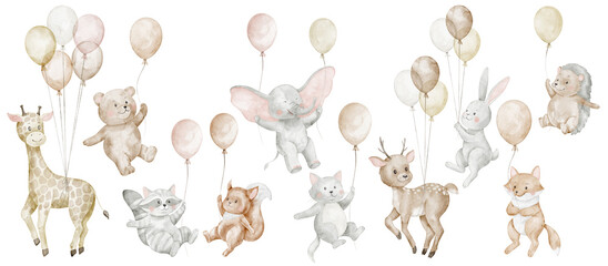 Flying animals holding balloons watercolor illustration in soft pastel colors. Clipart with teddy bear, rabbit, giraffe, deer for nursery posters, wall art, greeting cards, baby shower invitations. © Alisles
