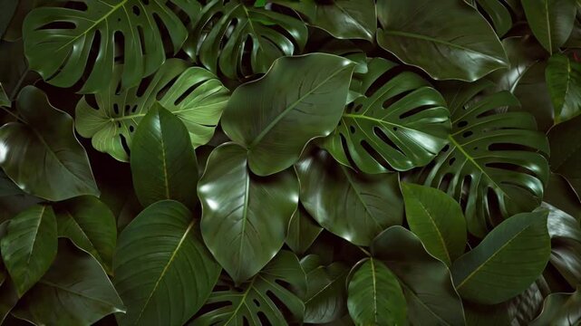 UHD 4K cinematic full-frame video lush green leaves pattern, seamless foliage background, various tropical temperate leaves, macro texture details swaying motion breeze, natural light filtering leaves