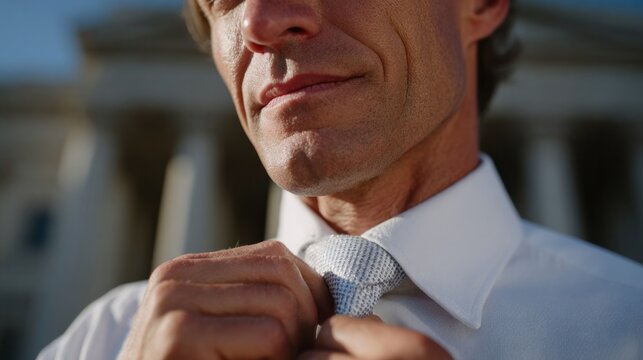 A determined Caucasian man adjusts his tie before a neoclassical building, embracing the ethos of National Bow Tie Day and Professionalism Month