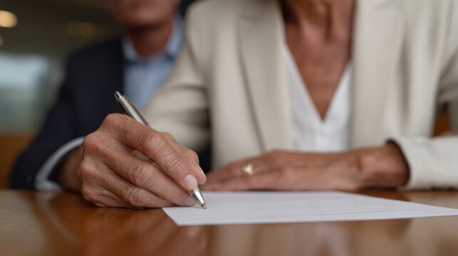 Signing soul-binding contracts, Hispanic woman in a cream blazer, echoes of Dia de los Muertos, cryptic legality unfolds
