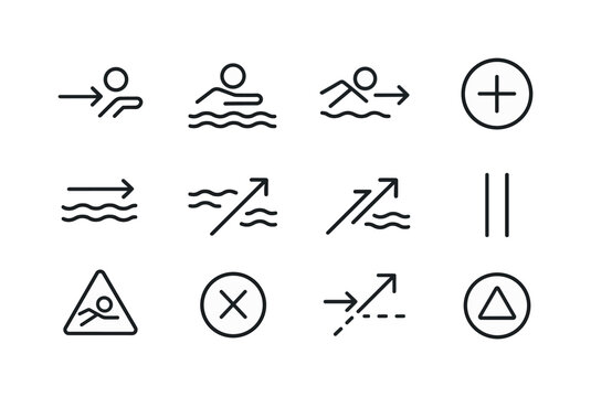 Swimmer Orientation Icons. Riptides. Line icon set of swimmer orientation markers: swim arrow, float symbol, swim parallel arrow, rest sign,