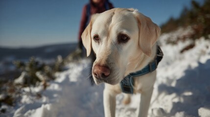 Gentle Labrador in snowy wonderland, winter solstice serenity hike, evokes Hygge warmth, Scandinavian calm amidst frosty escapade
