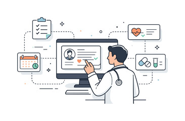 Digital Health Workflow. Digital healthcare workflow. Doctor using an electronic health record system with connected cards and data points, representing