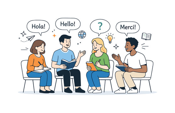 Language Learning Circle. Language learning group. People sitting together practicing a new language with notebooks and speech bubbles. Friendly interaction