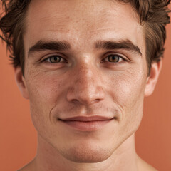 Young man with tousled hair smiling against orange background  