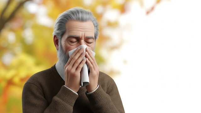 Senior man fluently blows nose within autumn scene