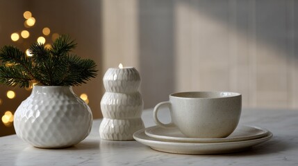 Cozy ceramic setup with candlelit glow and evergreen whispers, evoking winter solstice serenity and hygge tranquility