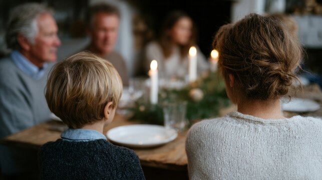 Cozy candlelit gathering whispers familial warmth, Nordic Yuletide charm, storytelling, intimate tranquility, diverse kinship bonds celebrated