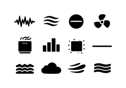 White Noise Icons Grid. White noise. Solid icon set of white noise: static wave, soft hiss, neutral hum, fan sound symbol, air purifier icon, low-frequency