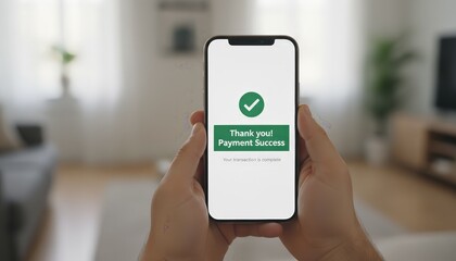 Hands holding a smartphone displaying a 'payment success' message with a green checkmark, indicating a completed and secure online transaction or purchase through a mobile application