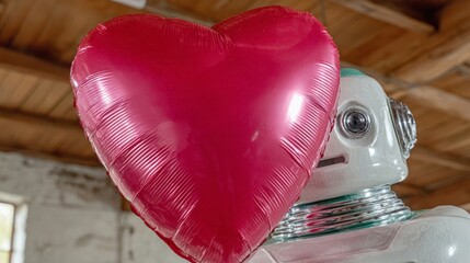 Robot embraces a heart-shaped balloon, celebrating World Kindness Day with technophilic love whispers and digital romance dreams