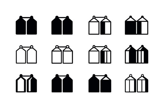 Grain Silo Icons. Grain silo. Icon set. Set Logo of grain silo: twin silo structure. harmonious logo variations of the same emblematic concept, each with