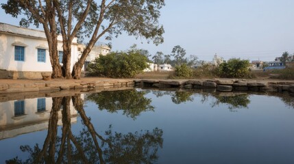 Reflective village pond mirrors tranquil trees and rustic architecture, evoking Teej festivities, serene rural escapism, and agrarian heritage