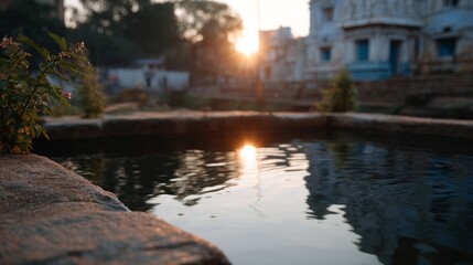 Reflective twilight over a serene village pond, echoing tranquility of Chhath Puja, mystic whispers of forgotten tales