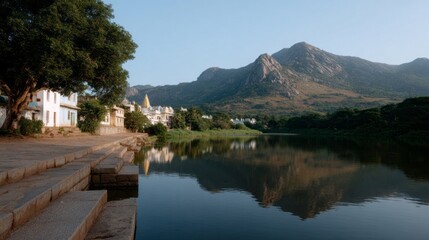Rippling echoes of morning light dance on serene water by ancient Arunachala, celebrating Pongal and sacred solstice reflections