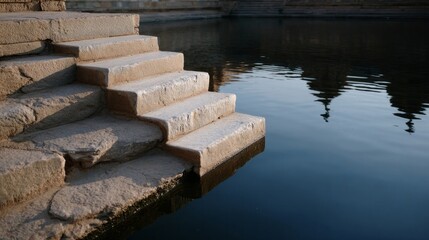 Stone steps descend into tranquil waters under the shadow of domed silhouettes, evoking Chhath Puja and reflections of solitude