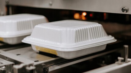 Takeout containers glide under industrial glow, evoking lunar feasts and eco-consciousness, aligning with Global Recycling Day ethos