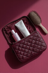 Hair care products in quilted cosmetic bag on pink background  